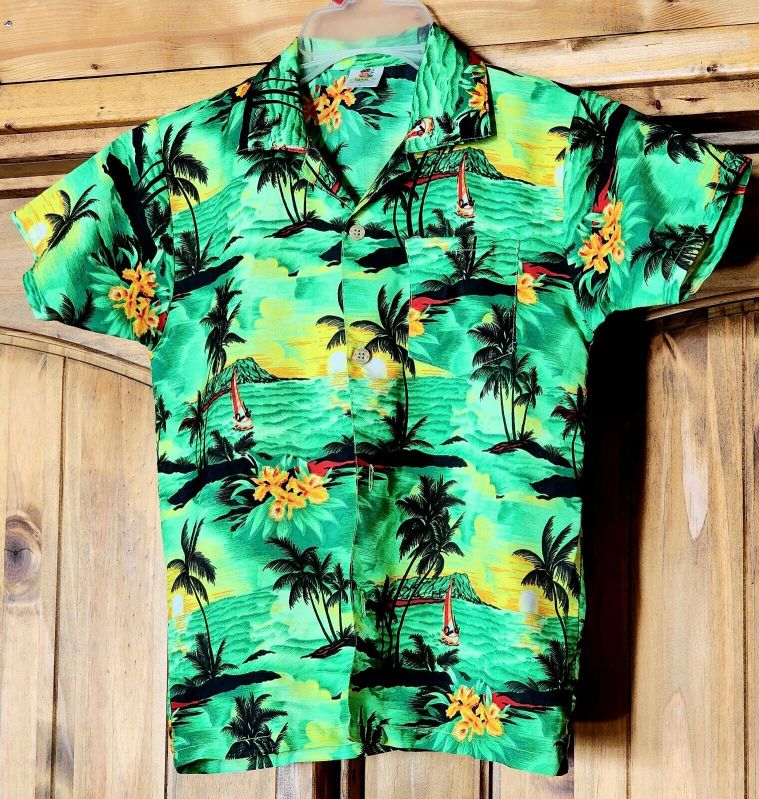 Simple Collar Polyester Printed hawaiian shirts, Size : XL, XXL, XXXL