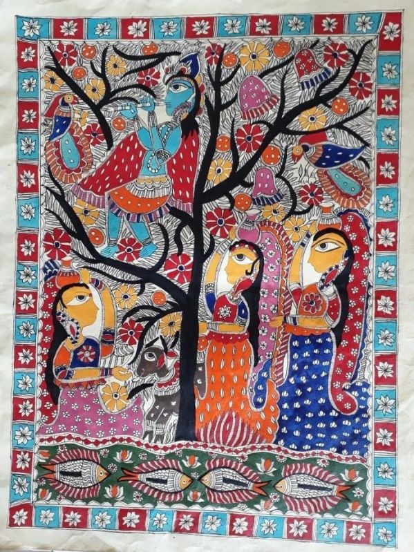 Rectangular Polished Madhubani Paintings, Style : Portrait, Color : Multi Color