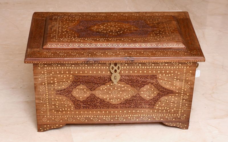 Rectangle Polished Brass Inlay Wooden Box, for Storing Jewelry, Cosmetics Items, Style : Antique