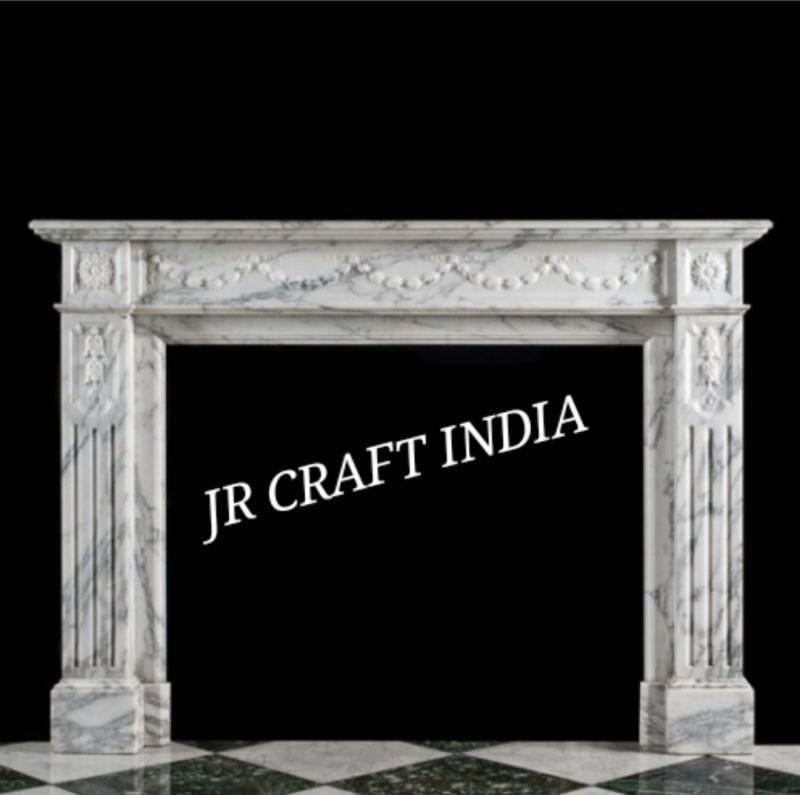 White Rectangular Polished Fancy Marble Fireplace, for Home, Hotel, Restaurant, Style : Antique