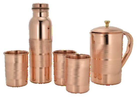 Plain Round Copper Bottle Jug 3 Glass Set, for Home