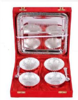 AS-1017 Four Bowl Spoon Tray Set, for Gift Purpose, Hotel, Restaurant, Home, Bowl Size : 3.5 inch (Aluminium)