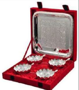 AS-1018 Four Bowl Spoon Tray Set, for Gift Purpose, Hotel, Restaurant, Home, Bowl Size : 3.5 Inch (Aluminium)