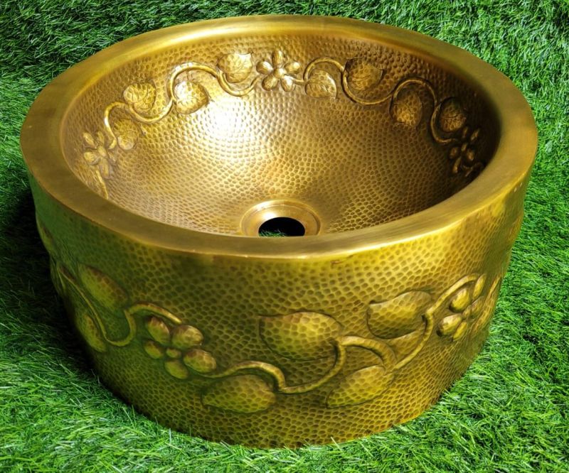 Round Brass Antique Designer Wash Basin, Color : Yellow