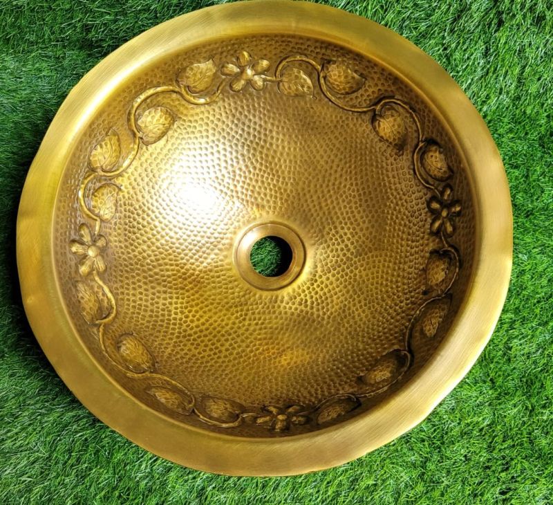 Yellow Round Brass Hammered Wash Basin