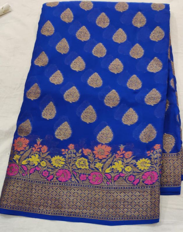 Printed Blue Banarasi Georgette Saree, Technics : Machine Made