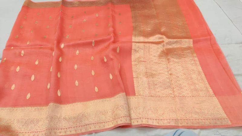 Printed Peach Banarasi Silk Saree, Technics : Machine Made