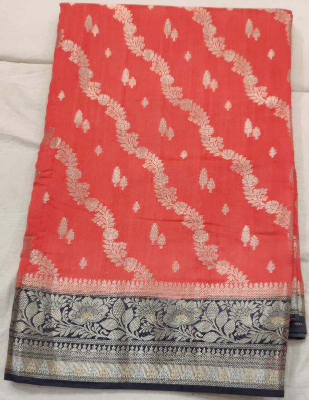 Peach Grey Border Matka Silk Saree