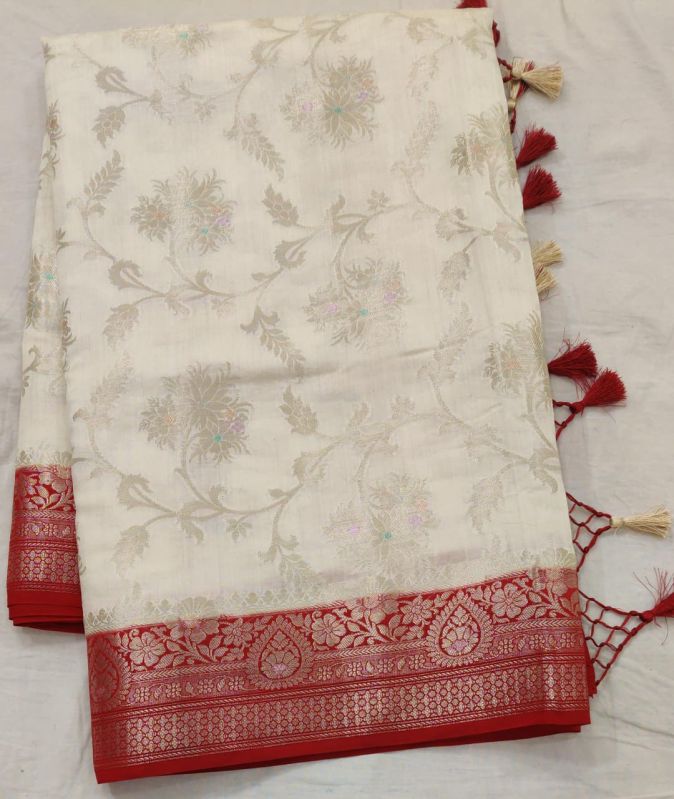 White Red Border Matka Silk Saree, Occasion : Festival Wear, Party Wear