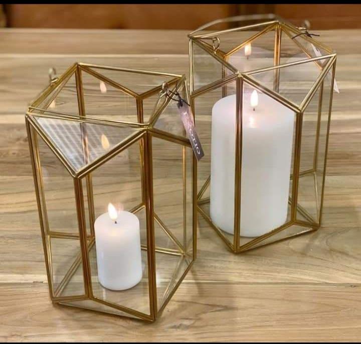 Polished AL2079 Golden Glass Lantern, for Decoration, Size : 6x6x8