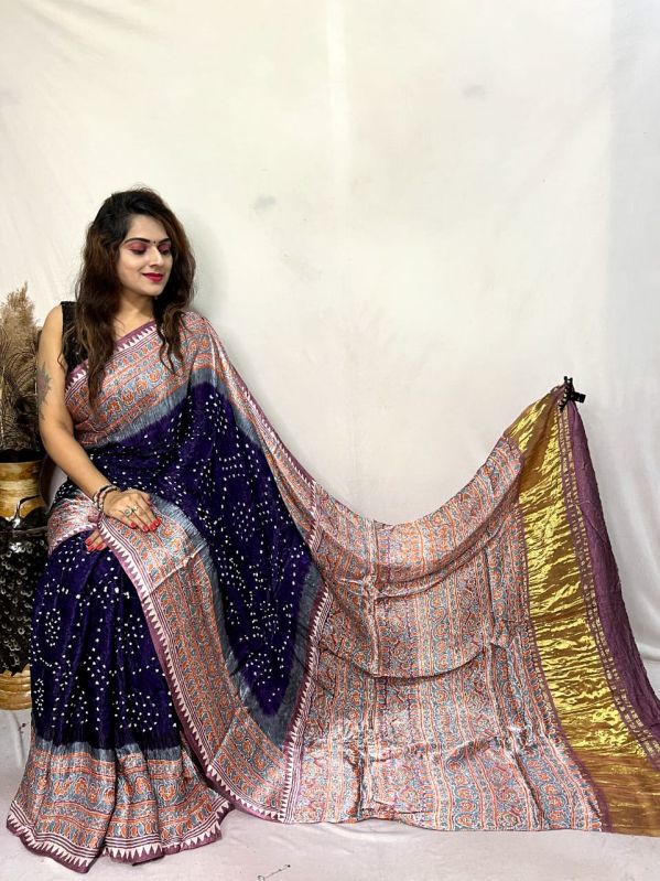 Multicolour modal saree with ajarakh pallu, Occasion : Casual Wear