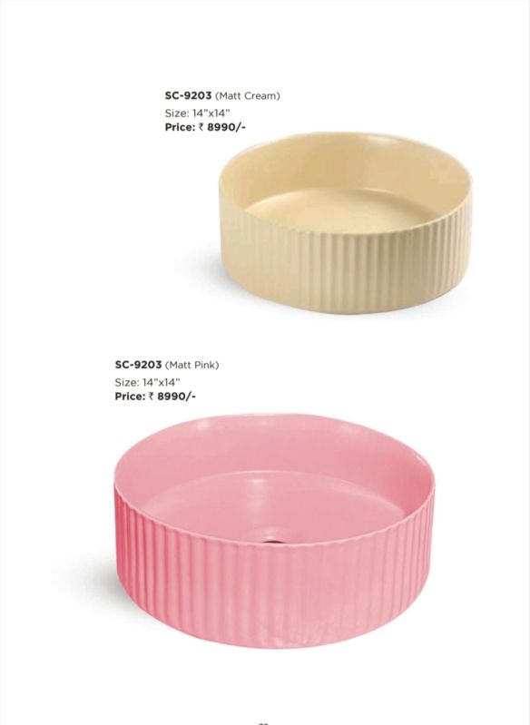 Scuba Round Polished Printed Plain Ceramic Basin, For Home, Hotel, Restaurant, Style : Modern