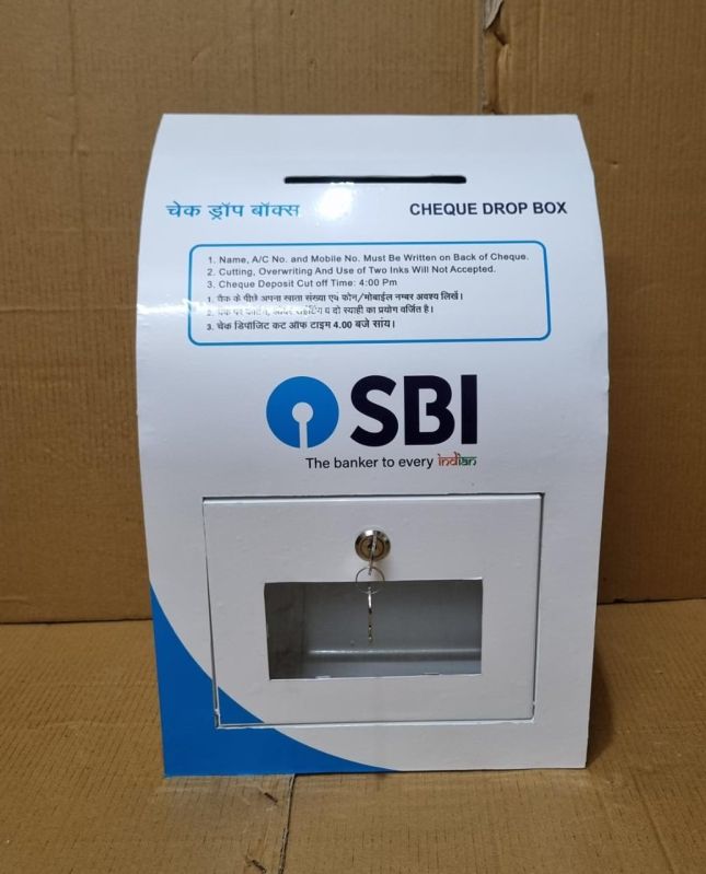 White SBI'S Metal cheque drop box, for Bank Use, Feature : Long Lasting Shine