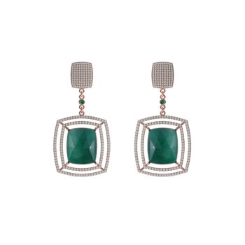 Rose Gold Pave Diamond Emerald Dangle Earrings