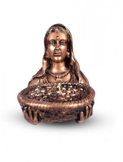 Lady Faced Statue With Small Basket, Color : Golden