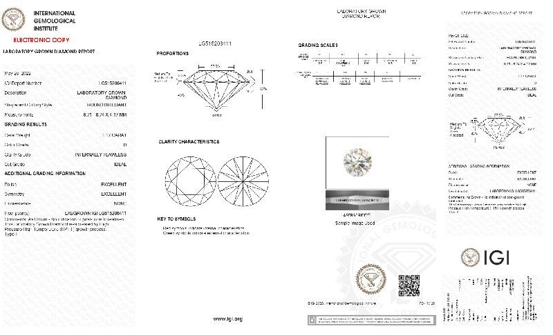 Round Shaped 1.17ct D IF IGI Certified Lab Grown HPHT Diamond