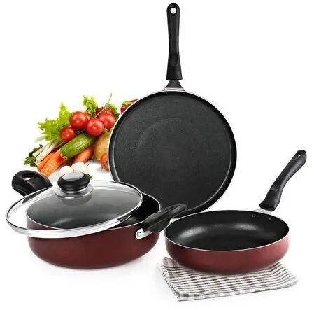 Non-Stick Aluminium Pan Cookware Set, Color : Black Maroon