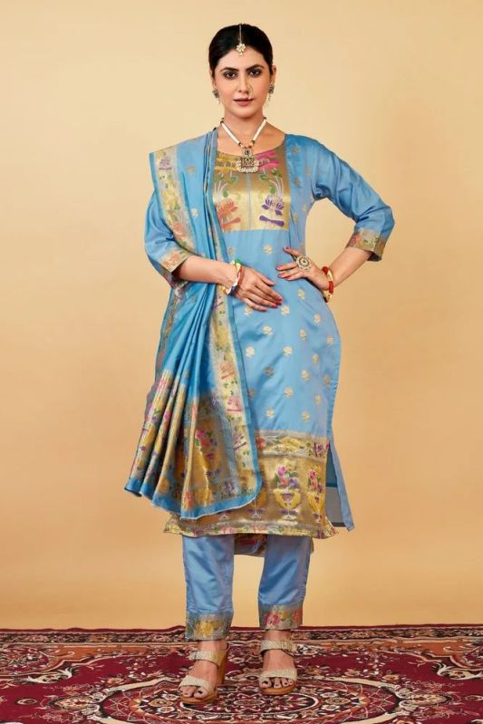 Full Sleeves Stitched Ladies Banarasi Silk Paithani Suits, Age Group : Adults, Technics : Machine Made