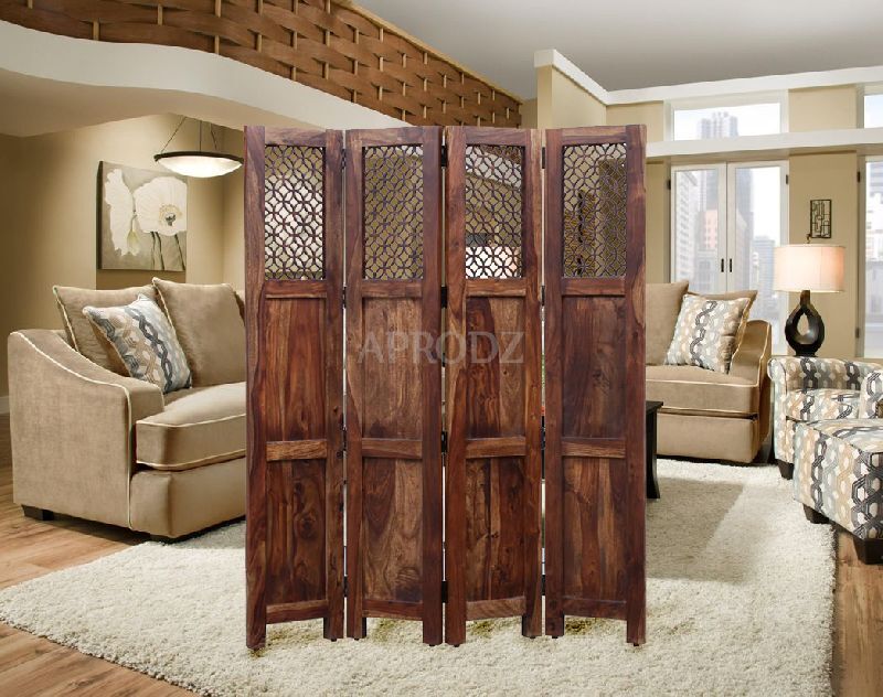 Solid Wood(Sheesham) 4 Panel Room Divider, Color : Honey Oak, Provincial Teak