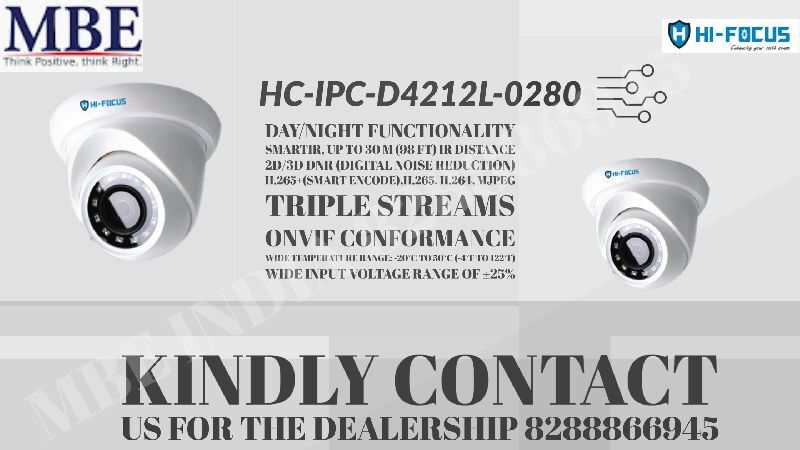 HI FOCUS CCTV CAMERA HC-IPC-D4212L-0280, for BOTH, Color : White