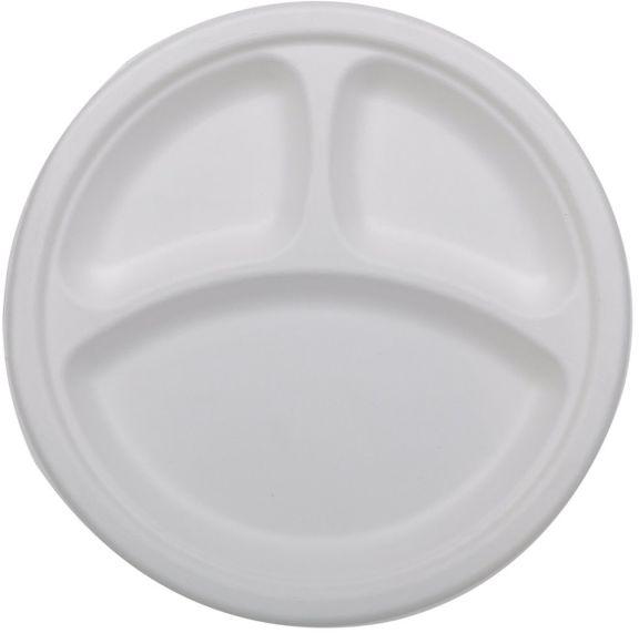 India Plain Bagasse Round Partition Plate, for Serving Food, Color : White