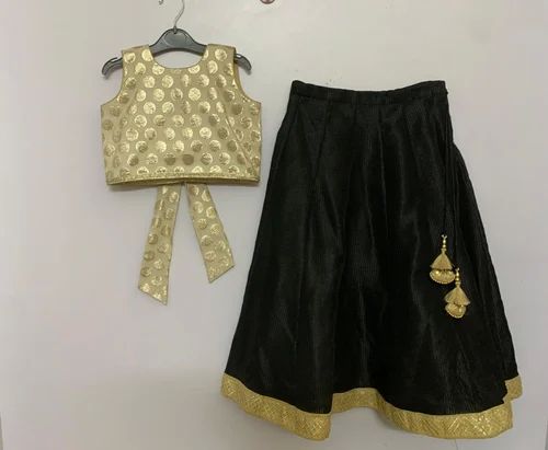 Black Golden Kids Crop Top Lehenga