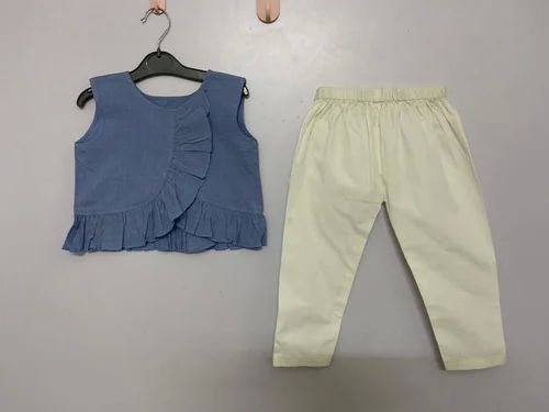 Blue White Crop Top Pant Set, Gender : Girl