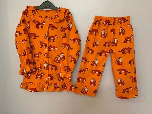 Orange Printed Girls Kids Night Suit, Technics : Attractive Pattern