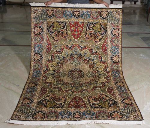 Rectangular Wool Hand Knotted Silk Carpet, for Home, Hotel, Indoor Decoration, Color : Multcolor