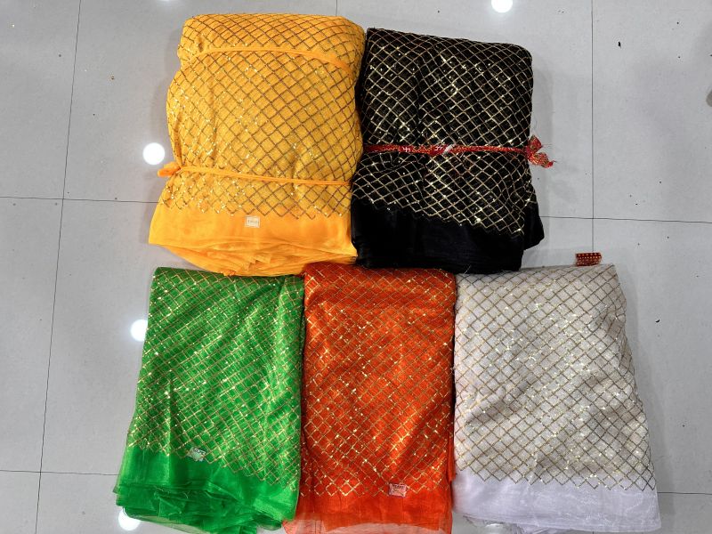 Multi Colour 3mm Sequence Chokdi Net Fabric, for Garments, Packaging Type : Plastic Bag