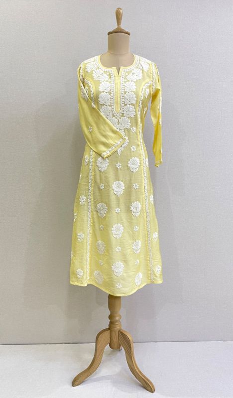 Lucknowi Chanderi Silk Chikankari Kurti, Size : M, XL