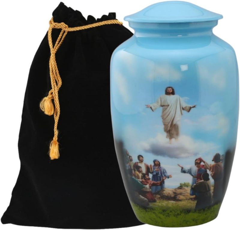 Round Jesus Christ Aluminium Cremation Urn, for Store Human Ashes, Dimension : 7 x 7 x 10 inches