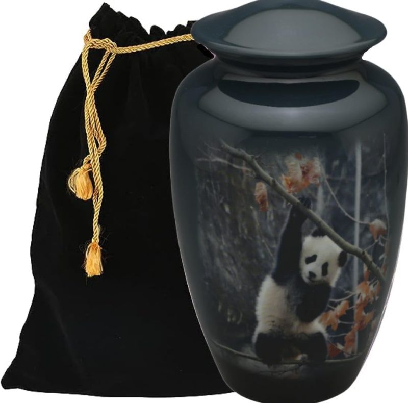Black Round Paying Giant Panda Aluminium Cremation Urn, for Store Human Ashes, Size : 10 Inches