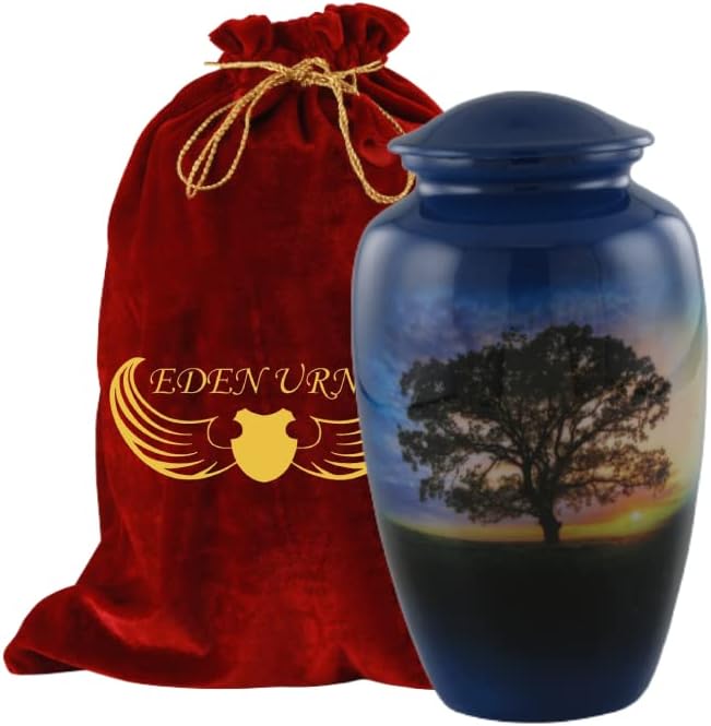 Blue Round Polished Tree Aluminium Cremation Urn, for Store Human Ashes, Dimension : 7 X 7 X 10 Inches