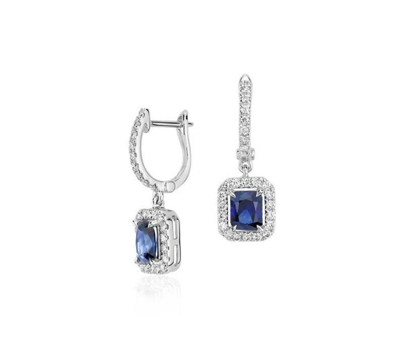Radiant Blue Sapphire And Halo Diamond Dangle Earrings