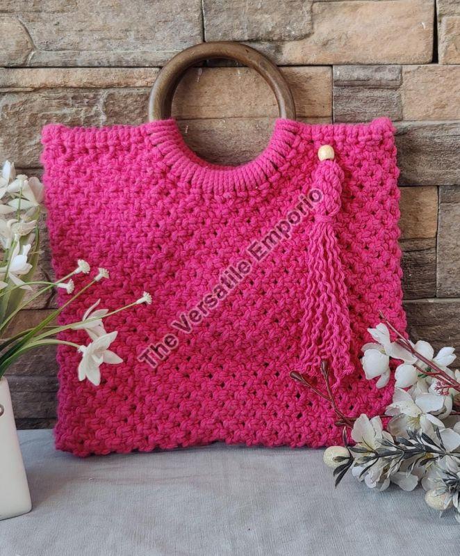 Cotton Yarn Macrame Pink Handbag, For Office Use, Gender : Female