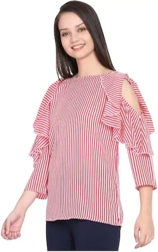 Uniyals Striped Rayon Ladies Cold Shoulder Top, Size : M, XL, XXL