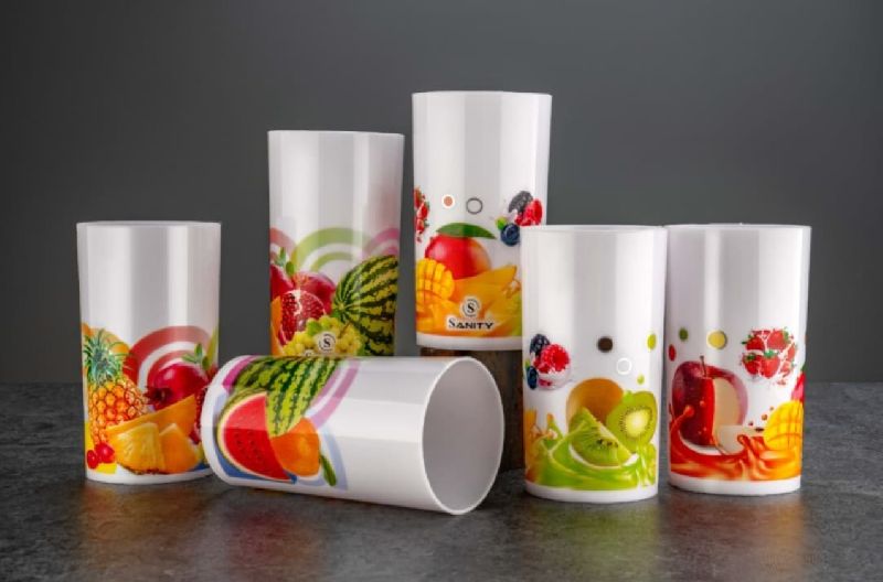 Glossy Fruit Printed Plastic Glass Set, Color : Multicolor