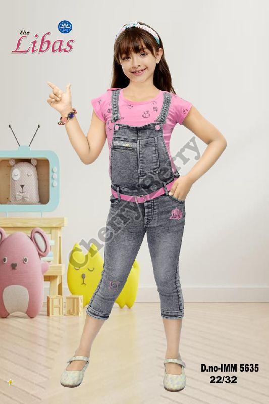 Plain Denim Girls Dungaree with T-shirt, Feature : Anti-Shrink, Breathable