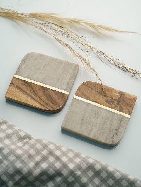 Round Wooden & Marble Coaster Set, for Tableware, Pattern : Plain
