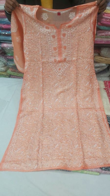 Stitched Tussar Silk Chikankari Kurti, Size : M, XL