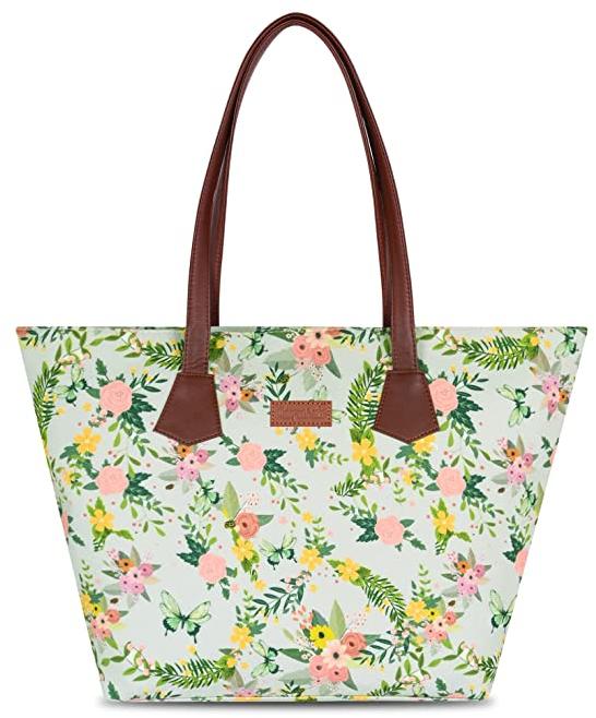 Chipmank Fancy Designer Large Canvas Tote Bag (White and Green Floral ...