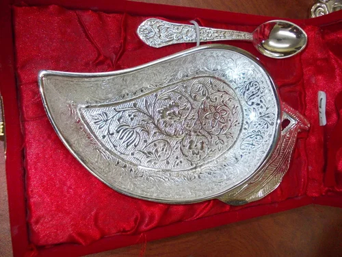 Silver Plated Mango Shaped Plate With Spoon