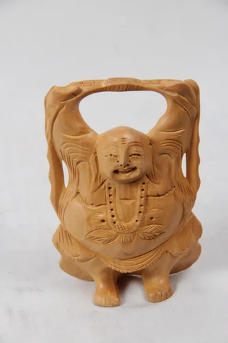 Polished Wooden Laughing Buddha Statue, for Home, Office, Shop, Style : Antique