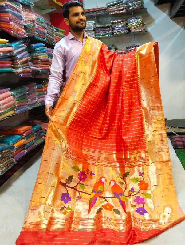Triple muniya border paithani sarees, for Dry Cleaning, Width : 5.5 Meter