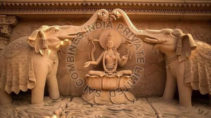 ELEPHANT AND LAXMI JI CARVED MARBLE PANEL