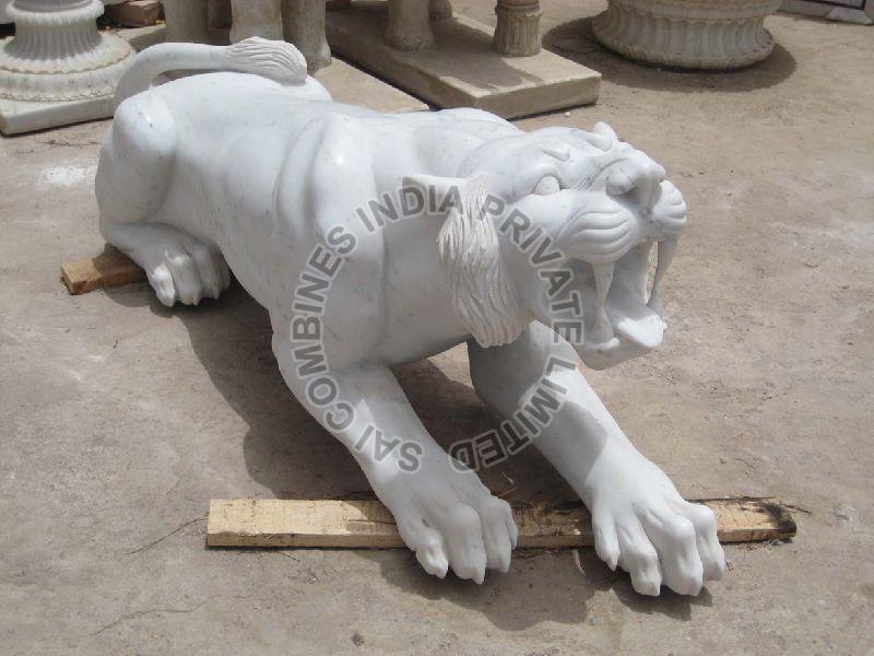 GROWLING WHITE MARBLE LION STATUE
