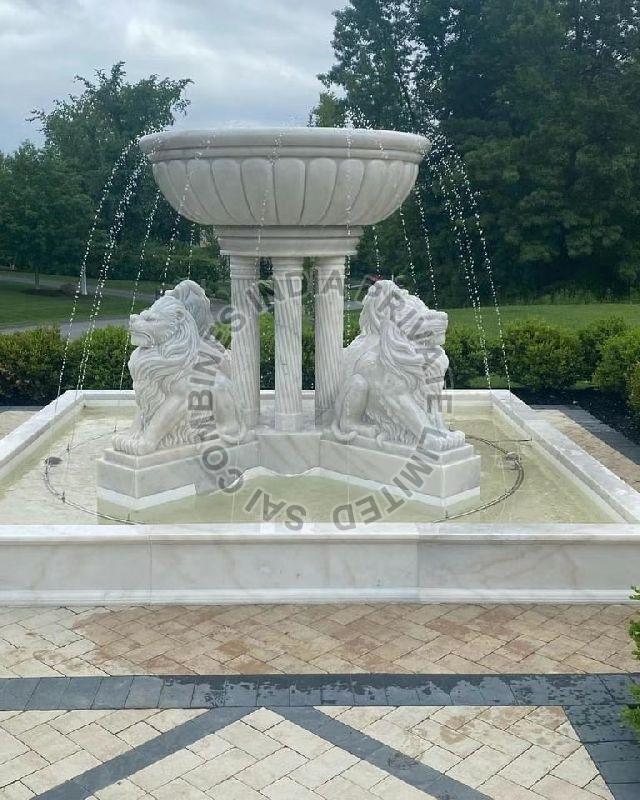 WHITE MARBLE STONE LION WITH WATER FOUNTAIN