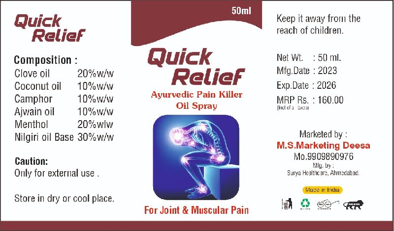 Ayurvedic pain killer oil spray, Packaging Type : Plastic Box