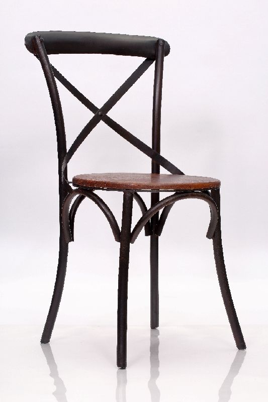 Round Wooden Seat Iron X Chair